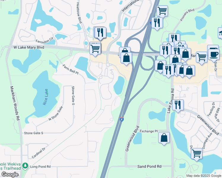 map of restaurants, bars, coffee shops, grocery stores, and more near 179 Villa Di Este Terrace in Lake Mary