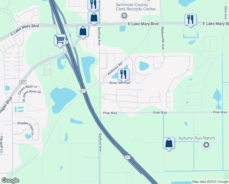 map of restaurants, bars, coffee shops, grocery stores, and more near 316 Clydesdale Circle in Sanford