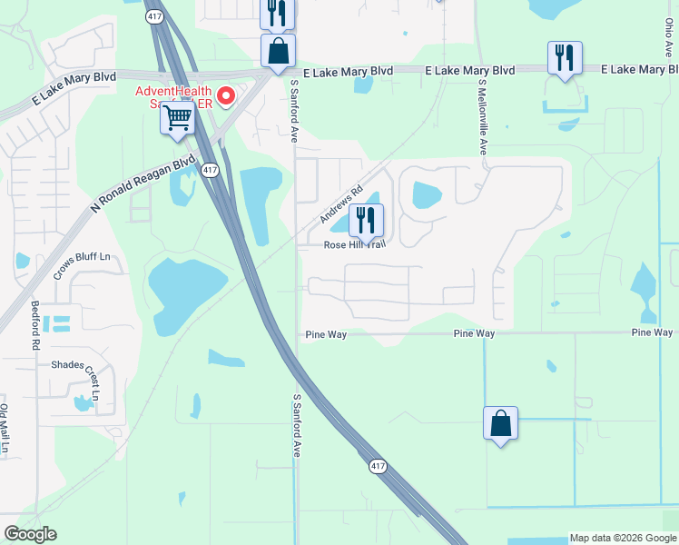 map of restaurants, bars, coffee shops, grocery stores, and more near 316 Clydesdale Circle in Sanford