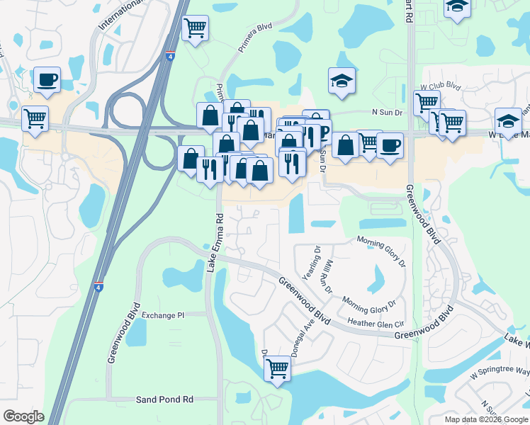 map of restaurants, bars, coffee shops, grocery stores, and more near 935 Birmingham Court in Lake Mary