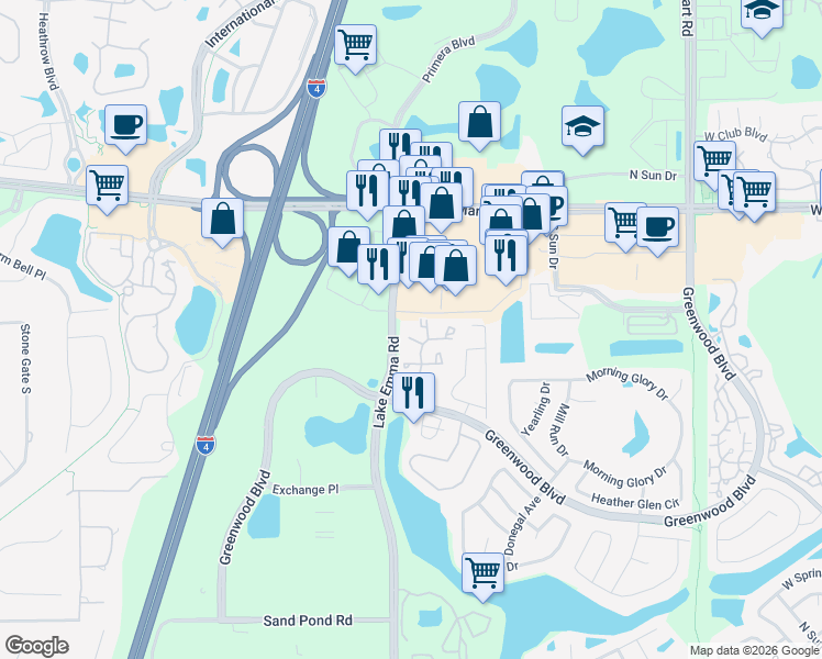 map of restaurants, bars, coffee shops, grocery stores, and more near 3629 Lake Emma Road in Lake Mary