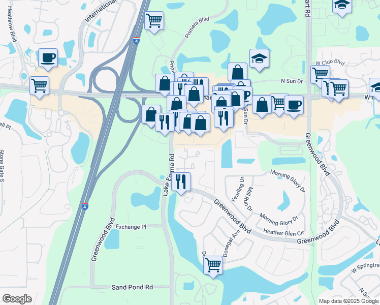 map of restaurants, bars, coffee shops, grocery stores, and more near 939 Framlingham Court in Lake Mary