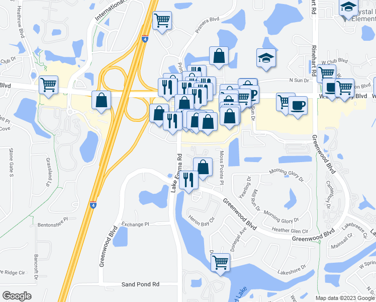 map of restaurants, bars, coffee shops, grocery stores, and more near 3629 Lake Emma Road in Lake Mary