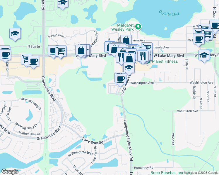 map of restaurants, bars, coffee shops, grocery stores, and more near 551 Wishbone Lane in Lake Mary