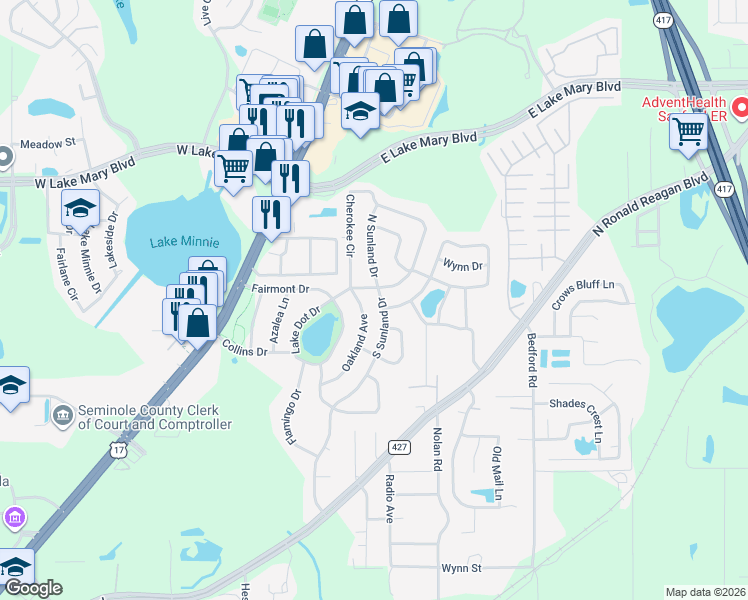 map of restaurants, bars, coffee shops, grocery stores, and more near 102 South Sunland Drive in Sanford