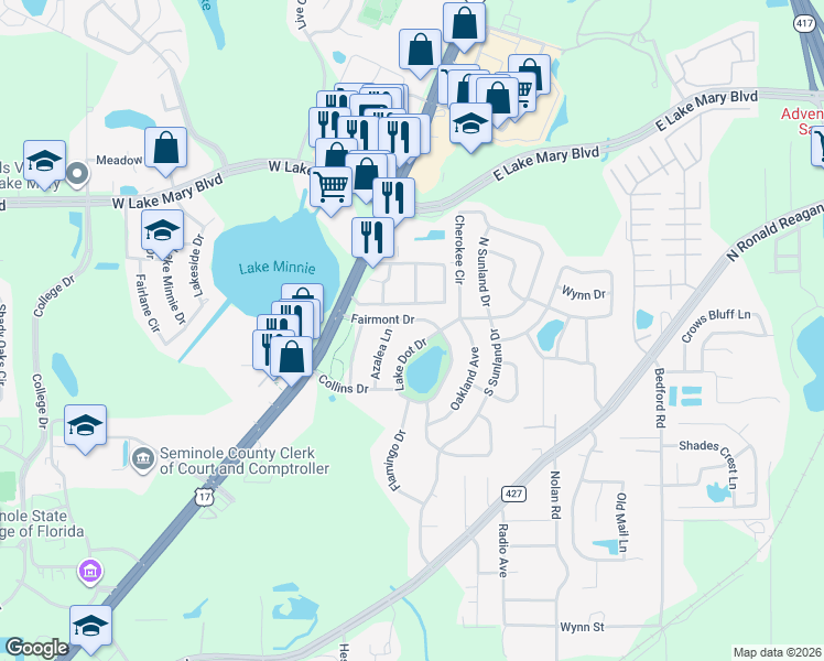 map of restaurants, bars, coffee shops, grocery stores, and more near 303 Fairmont Dr in Sanford