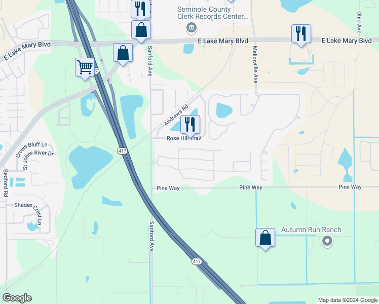 map of restaurants, bars, coffee shops, grocery stores, and more near 295 Clydesdale Circle in Sanford
