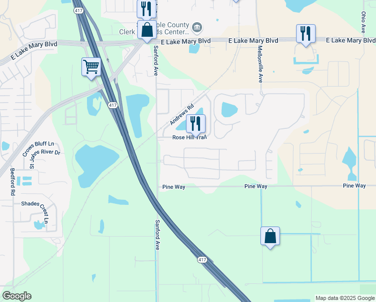 map of restaurants, bars, coffee shops, grocery stores, and more near 316 Clydesdale Circle in Sanford