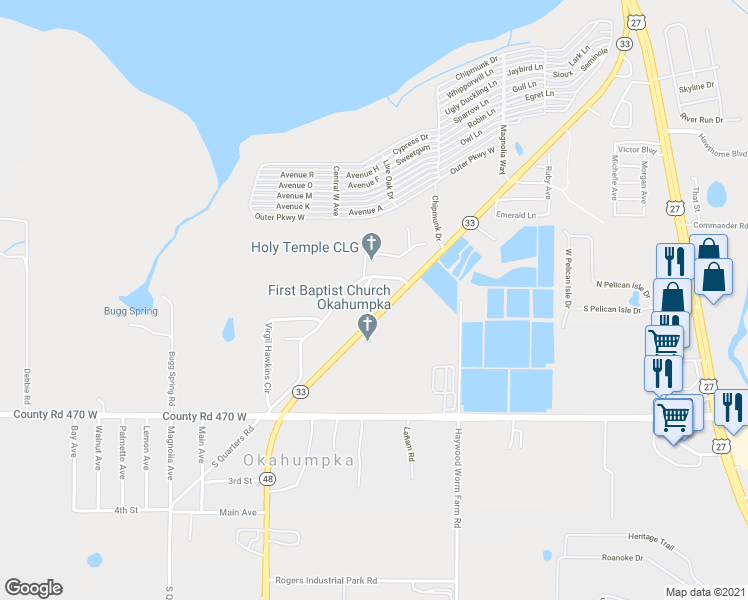 map of restaurants, bars, coffee shops, grocery stores, and more near 3810 North Quarters Road in Okahumpka