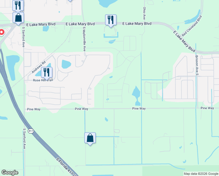 map of restaurants, bars, coffee shops, grocery stores, and more near 1338 Camellia Bloom Lane in Sanford