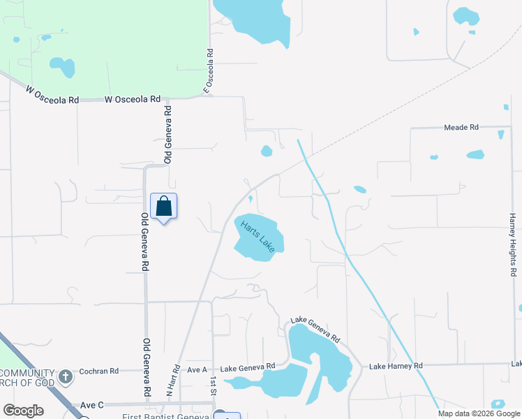 map of restaurants, bars, coffee shops, grocery stores, and more near 1305 North Hart Road in Geneva