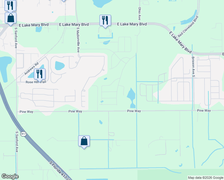 map of restaurants, bars, coffee shops, grocery stores, and more near 345 Park National Drive in Sanford