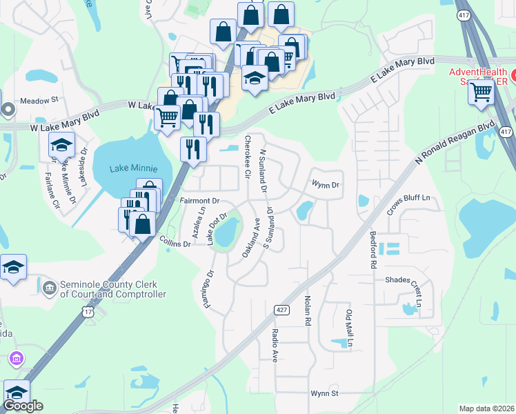 map of restaurants, bars, coffee shops, grocery stores, and more near 102 South Sunland Drive in Sanford