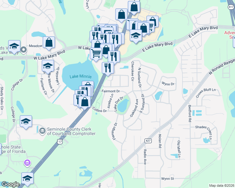 map of restaurants, bars, coffee shops, grocery stores, and more near 303 Fairmont Drive in Sanford