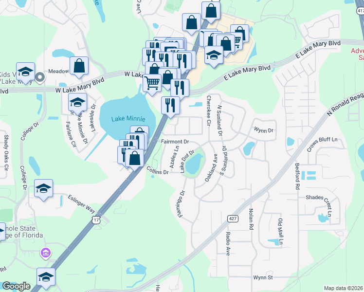map of restaurants, bars, coffee shops, grocery stores, and more near 303 Fairmont Drive in Sanford