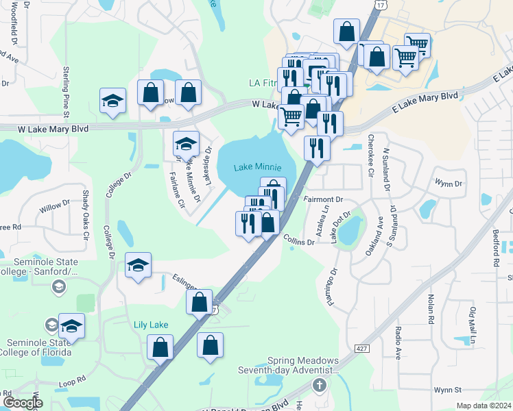 map of restaurants, bars, coffee shops, grocery stores, and more near 1302 Northlake Drive in Sanford