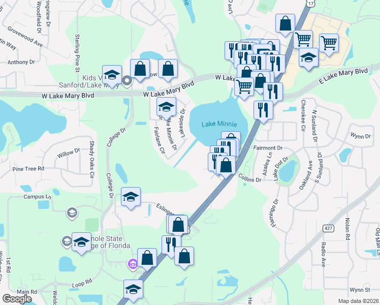 map of restaurants, bars, coffee shops, grocery stores, and more near 2405 Northlake Drive in Sanford