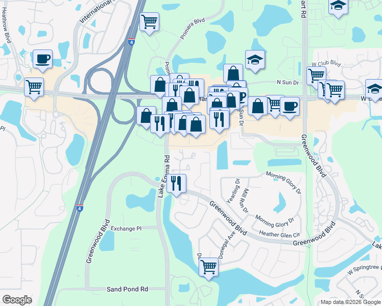 map of restaurants, bars, coffee shops, grocery stores, and more near 939 Framlingham Court in Lake Mary