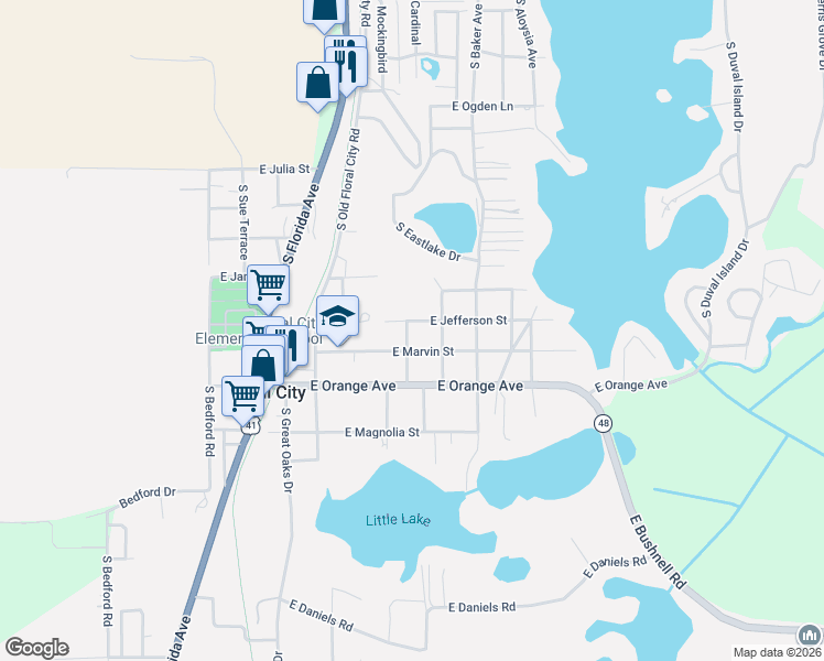 map of restaurants, bars, coffee shops, grocery stores, and more near 7620 South Church Terrace in Floral City