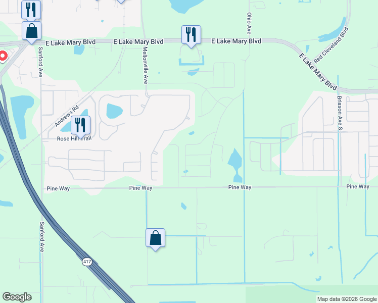 map of restaurants, bars, coffee shops, grocery stores, and more near 1338 Camellia Bloom Lane in Sanford