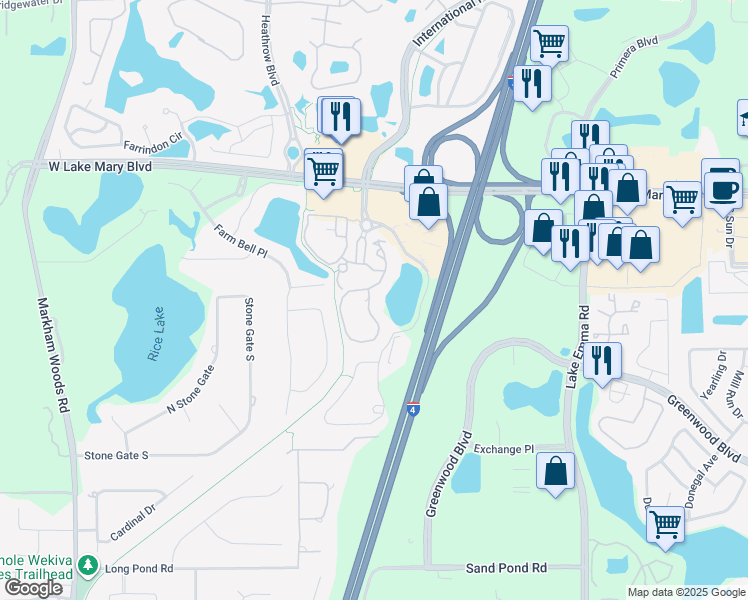 map of restaurants, bars, coffee shops, grocery stores, and more near 173 Villa Di Este Terrace in Lake Mary