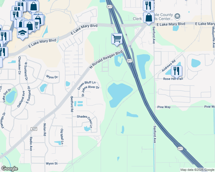 map of restaurants, bars, coffee shops, grocery stores, and more near 3753 Eagle Preserve Point in Sanford