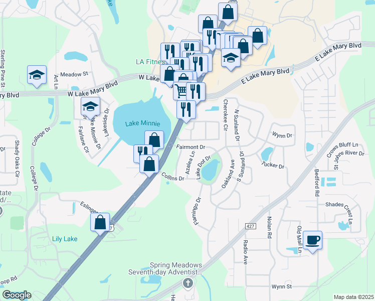 map of restaurants, bars, coffee shops, grocery stores, and more near 203 Fairmont Drive in Sanford