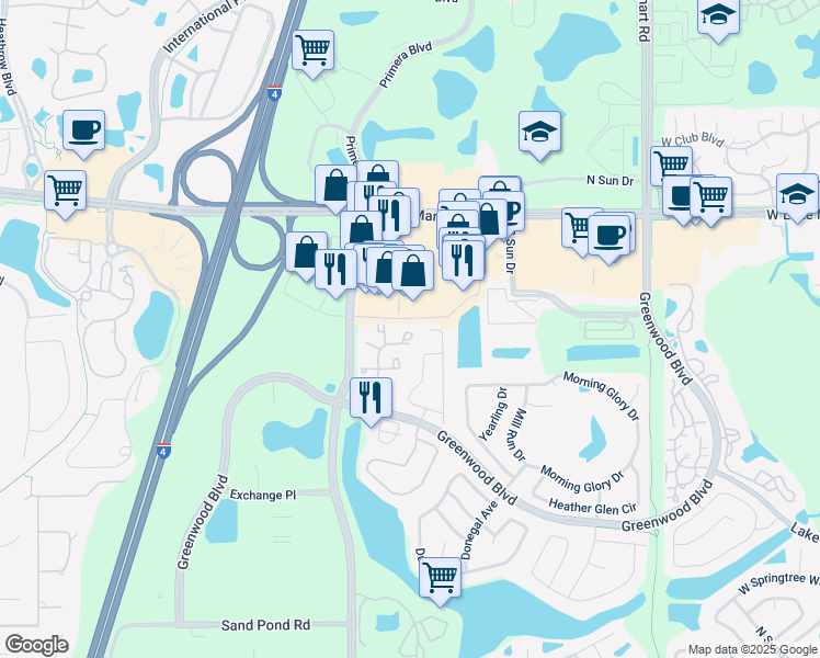 map of restaurants, bars, coffee shops, grocery stores, and more near 939 Framlingham Court in Lake Mary