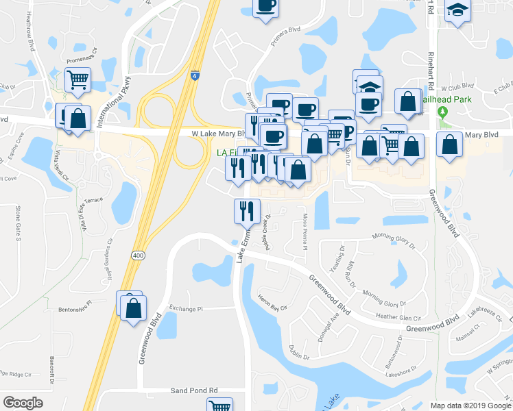 map of restaurants, bars, coffee shops, grocery stores, and more near 3629 Lake Emma Road in Lake Mary