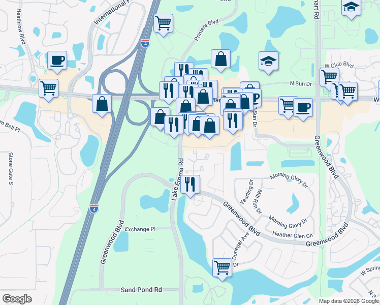 map of restaurants, bars, coffee shops, grocery stores, and more near 3629 Lake Emma Road in Lake Mary