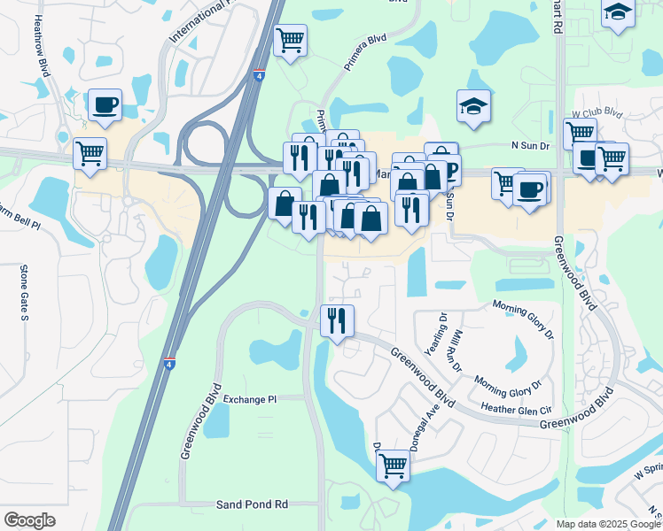 map of restaurants, bars, coffee shops, grocery stores, and more near 944 Bakewell Court in Lake Mary