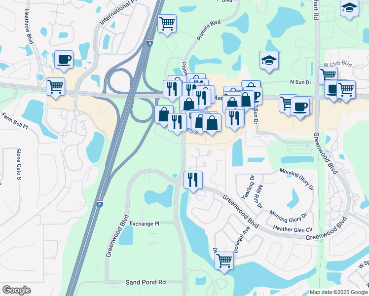map of restaurants, bars, coffee shops, grocery stores, and more near 3629 Lake Emma Road in Lake Mary