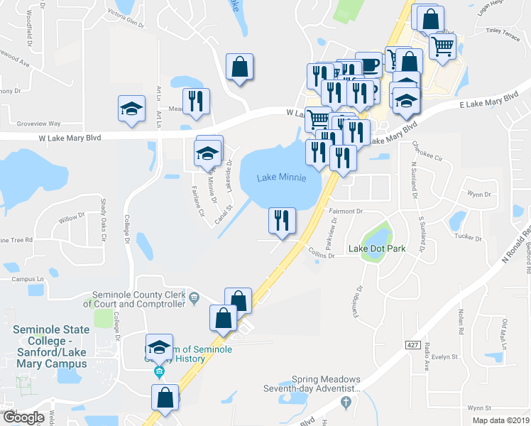 map of restaurants, bars, coffee shops, grocery stores, and more near 1302 Northlake Drive in Sanford