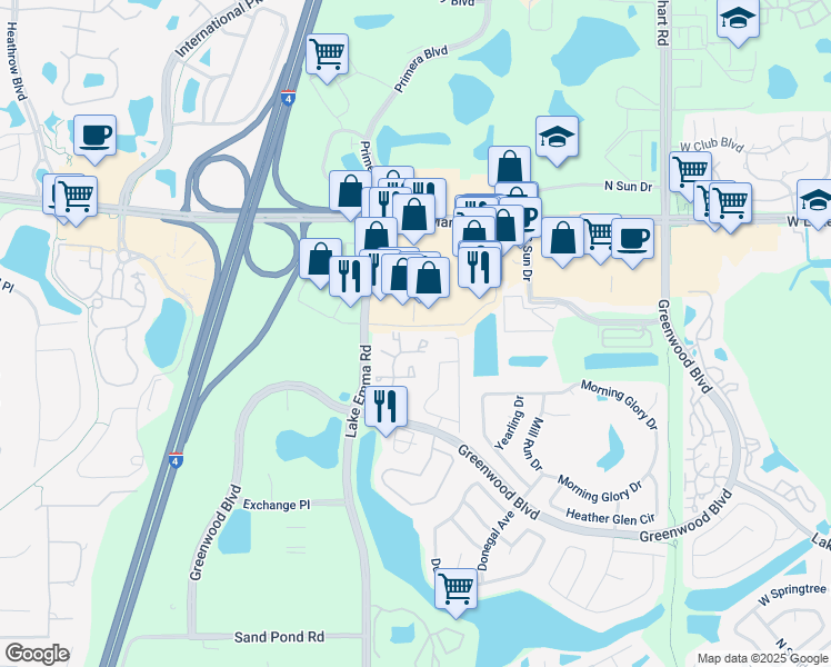 map of restaurants, bars, coffee shops, grocery stores, and more near 939 Framlingham Court in Lake Mary