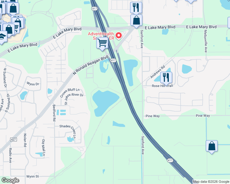 map of restaurants, bars, coffee shops, grocery stores, and more near 3927 Gliding Place in Sanford