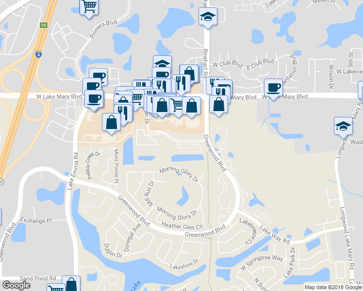 map of restaurants, bars, coffee shops, grocery stores, and more near 4306 Regal Town Lane in Lake Mary