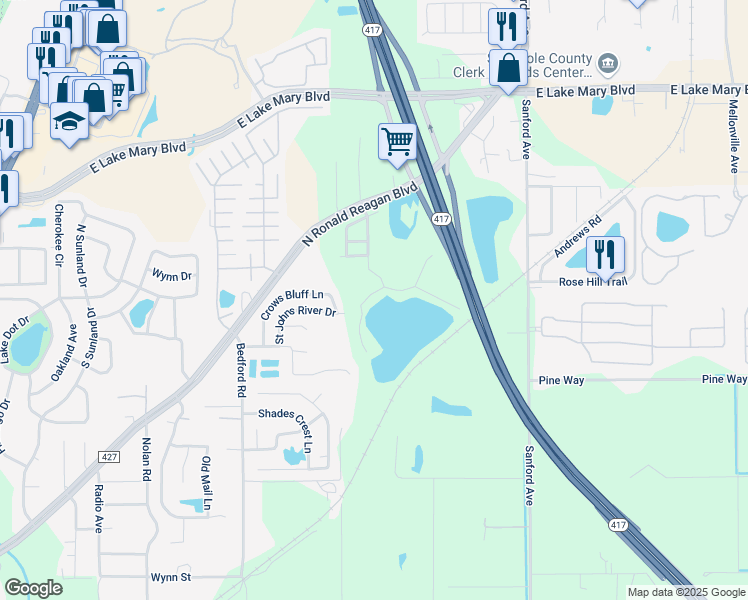 map of restaurants, bars, coffee shops, grocery stores, and more near 3753 Eagle Preserve Point in Sanford