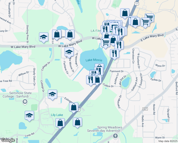 map of restaurants, bars, coffee shops, grocery stores, and more near 1302 Northlake Drive in Sanford
