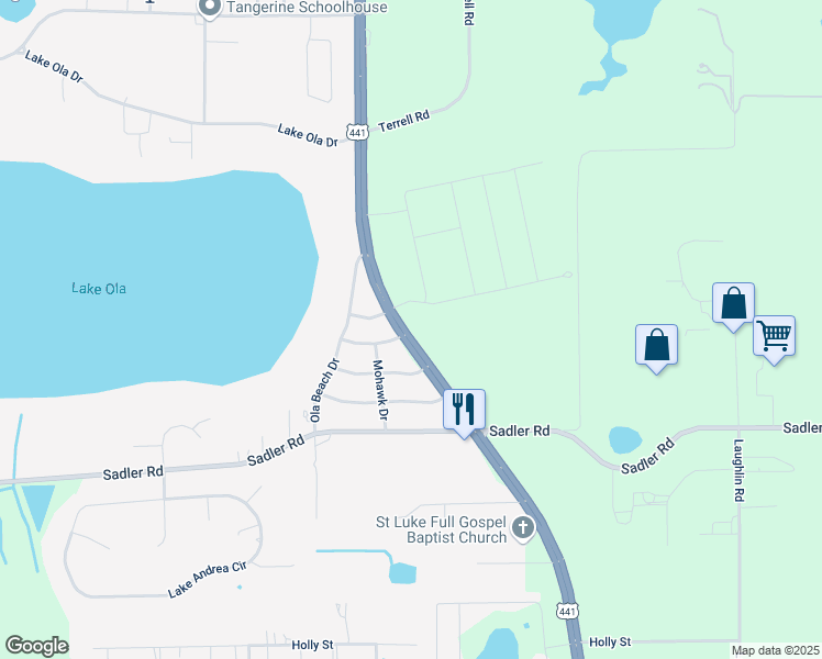 map of restaurants, bars, coffee shops, grocery stores, and more near 4701 Orange Blossom Trail in Mount Dora