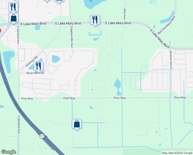 map of restaurants, bars, coffee shops, grocery stores, and more near 1338 Camellia Bloom Lane in Sanford