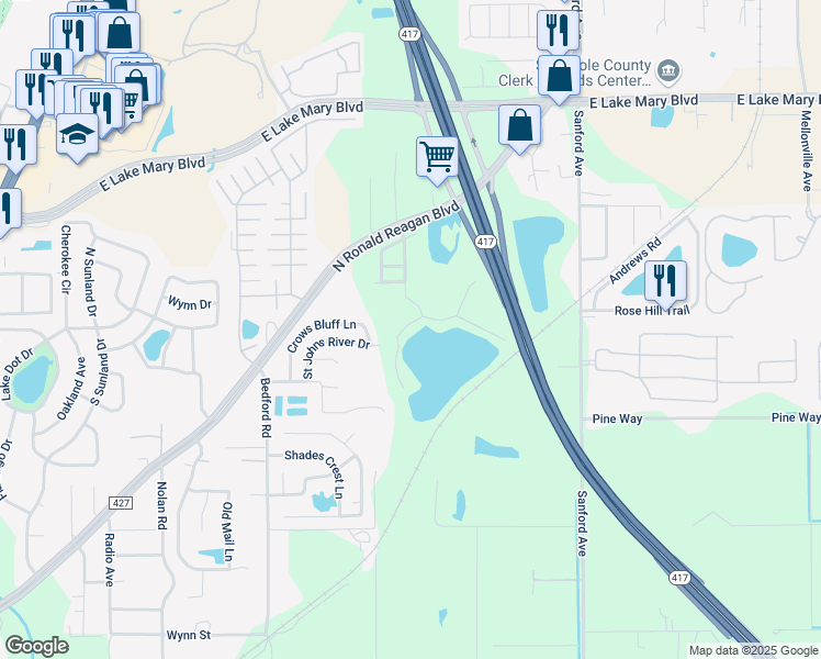map of restaurants, bars, coffee shops, grocery stores, and more near 3753 Eagle Preserve Point in Sanford