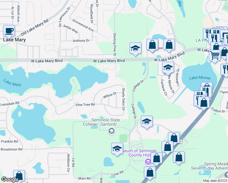 map of restaurants, bars, coffee shops, grocery stores, and more near 116 Willow Drive in Lake Mary