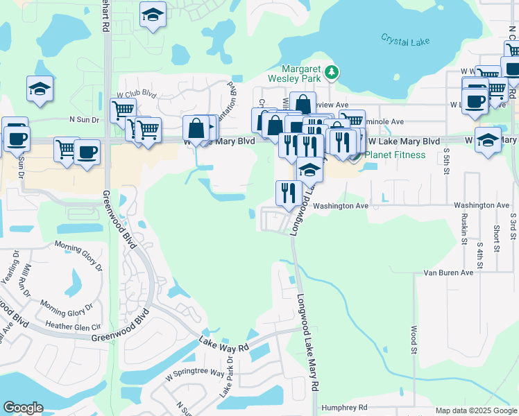 map of restaurants, bars, coffee shops, grocery stores, and more near 551 Wishbone Lane in Lake Mary
