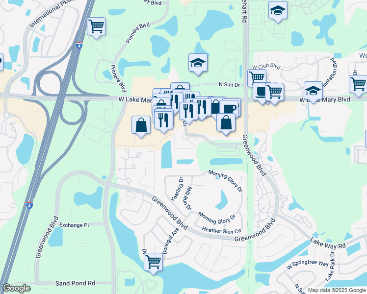 map of restaurants, bars, coffee shops, grocery stores, and more near 1030 Regal Pointe Terrace in Lake Mary