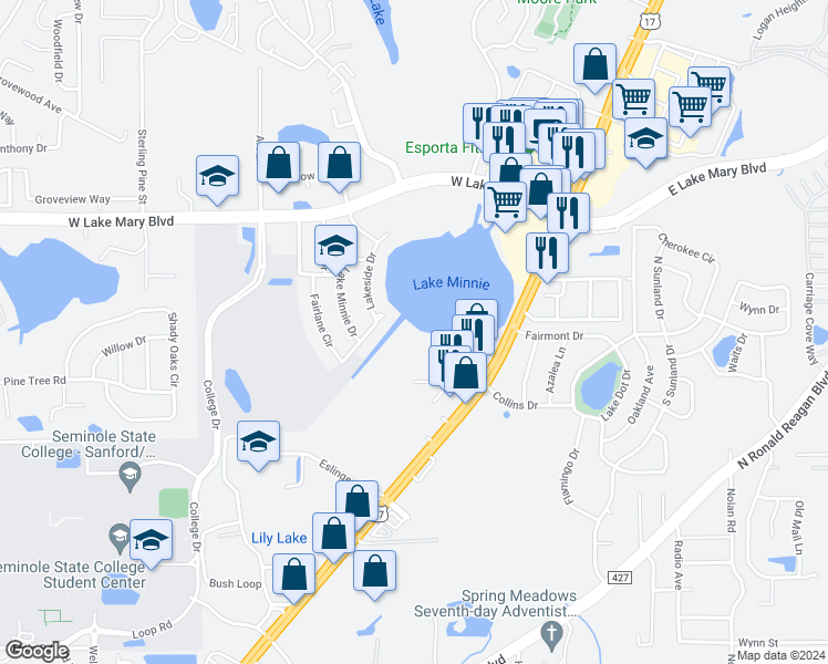 map of restaurants, bars, coffee shops, grocery stores, and more near 25211 Northlake Drive in Sanford