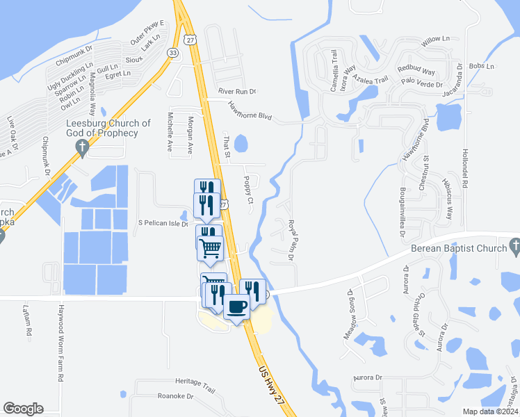 map of restaurants, bars, coffee shops, grocery stores, and more near 108 Papaya Cove in Leesburg