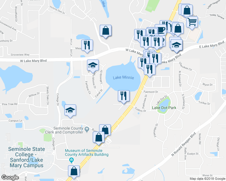 map of restaurants, bars, coffee shops, grocery stores, and more near 25210 Northlake Drive in Sanford