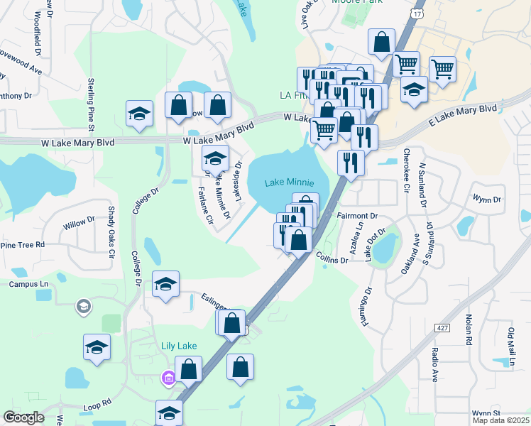 map of restaurants, bars, coffee shops, grocery stores, and more near 25310 Northlake Drive in Sanford