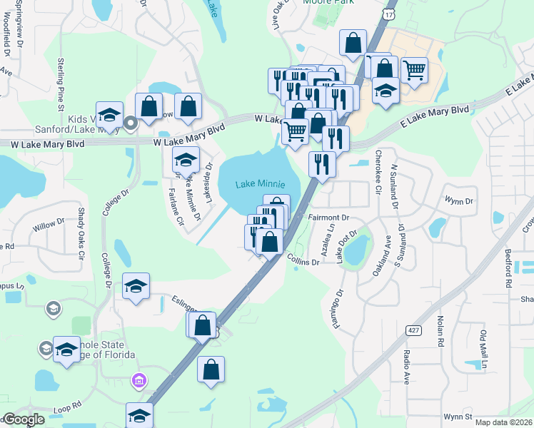 map of restaurants, bars, coffee shops, grocery stores, and more near 650 Lake Minnie Drive in Sanford