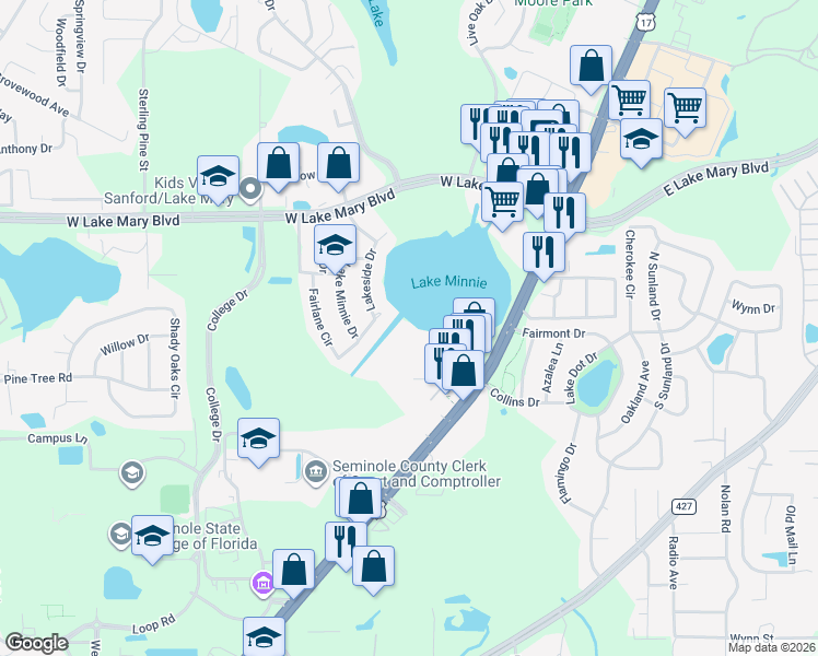 map of restaurants, bars, coffee shops, grocery stores, and more near 2405 Northlake Drive in Sanford